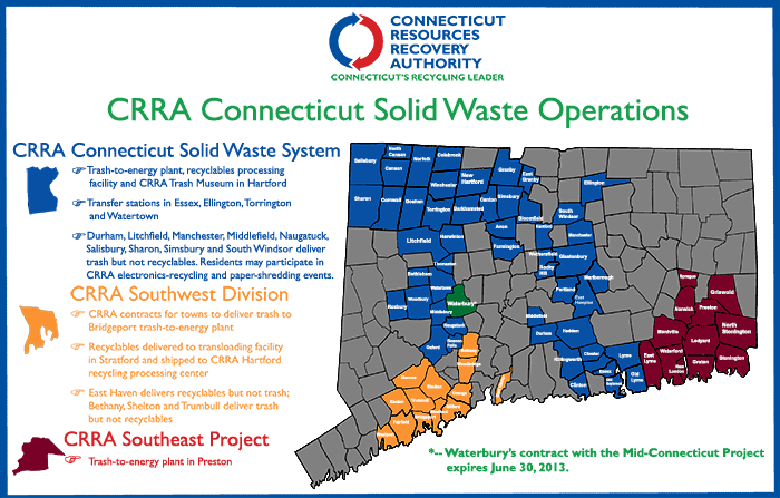 Map of towns that use CRRA trash and recycling systems.